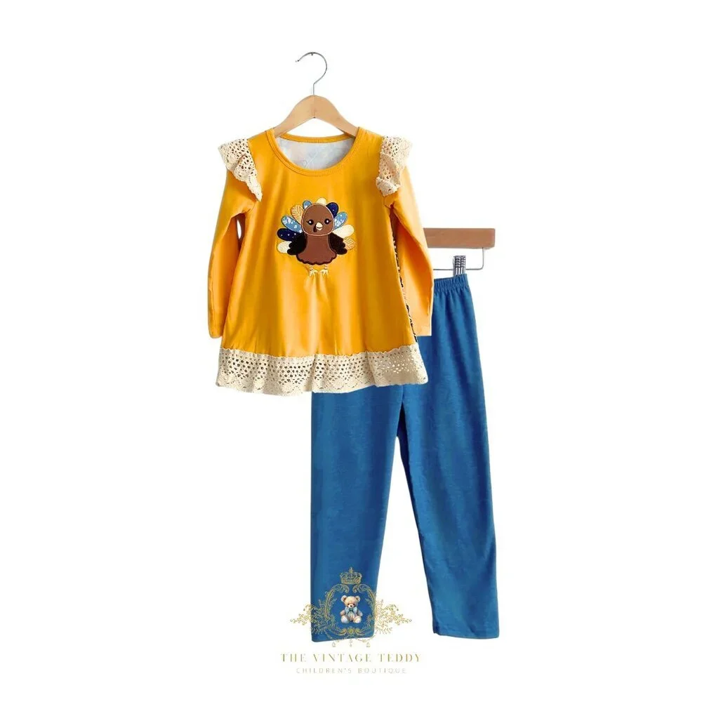 NWT Cute Girls Top & Long Pants Matching Set Embroidered Turkey Orange Blue 6-7Y - Picture 1 of 5